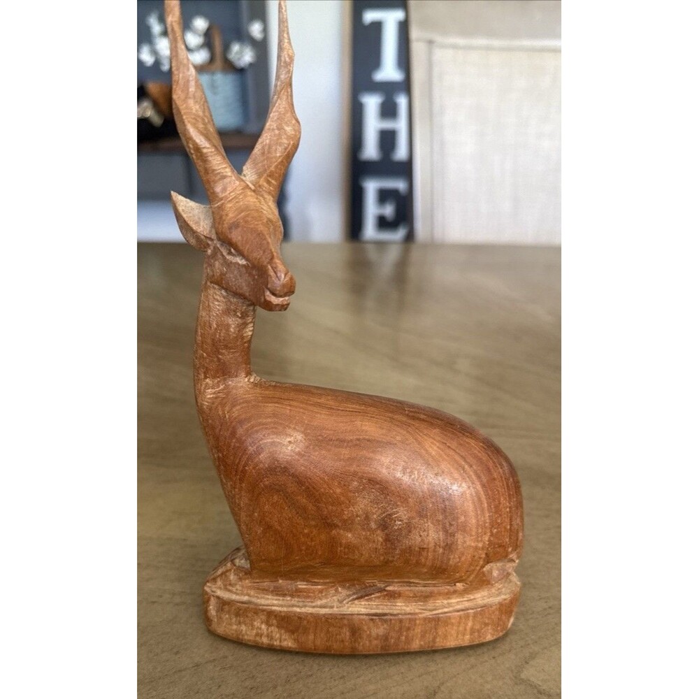 Antelope Gazelle Deer Mid Century Hand Carved Teak Wooden Figurine Vintage 5x8